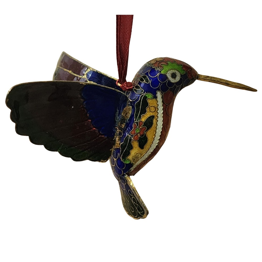 Vintage Cloisonne Hummingbird Ornament Colorful Enamel Bird Figurine Blue Red
